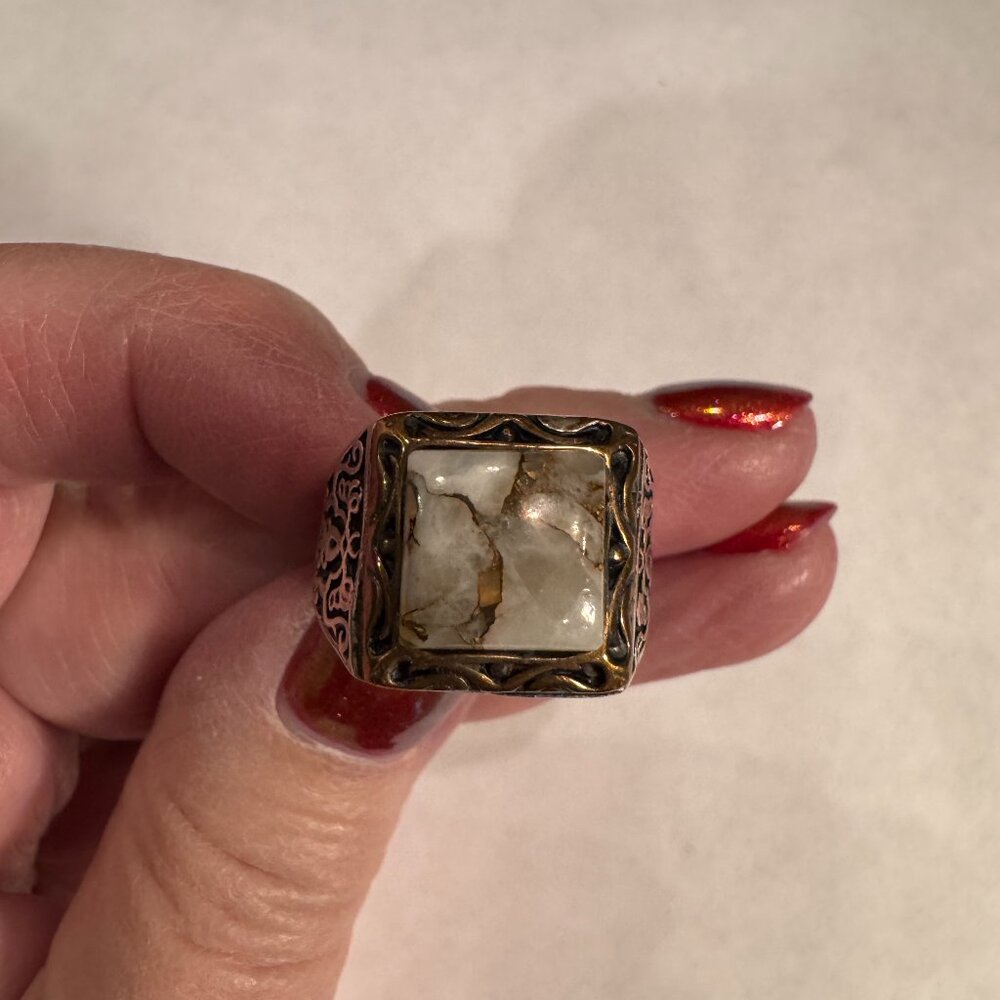 Artisan-Style Square Stone Two-Tone Statement RIng